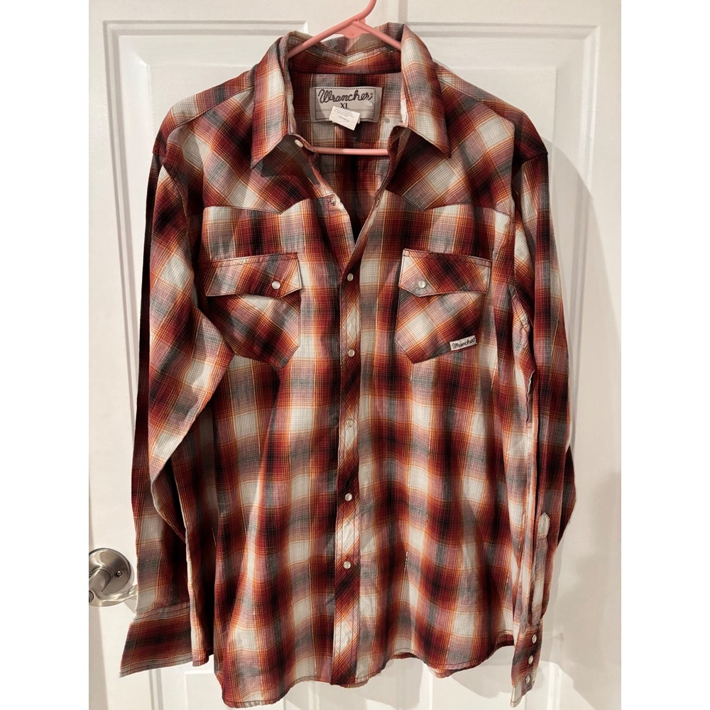 Vintage Wrancher by‎ Wrangler Mens XL Red Plaid Western Pearl Snap Shirt Tinsel